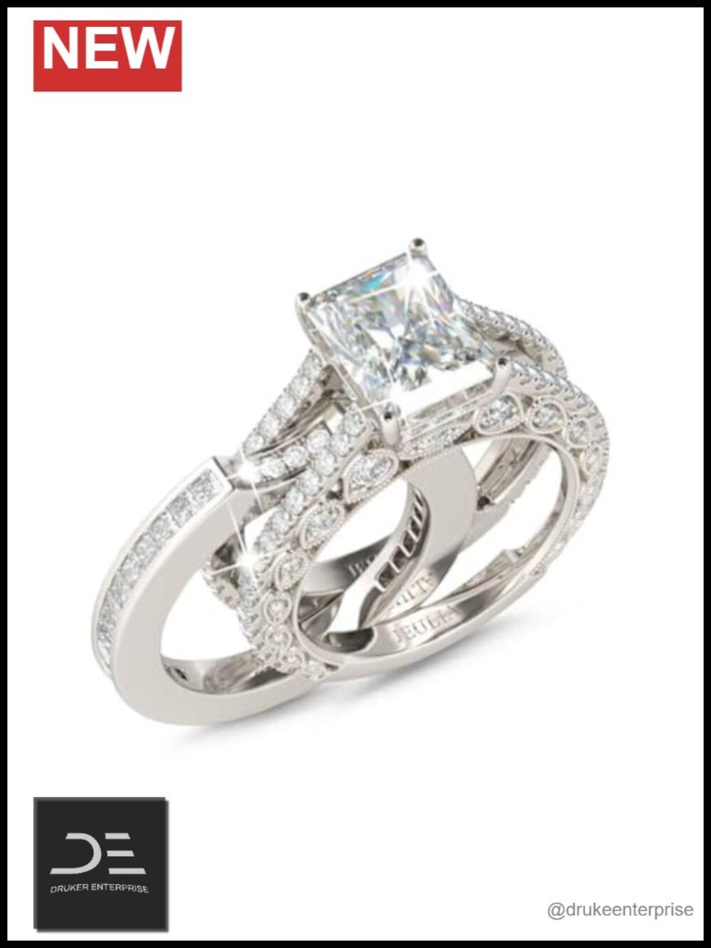 925 Sterling Silver Radiant Cut CZ Bridal Engagement Wedding Ring Set Size 9